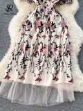 Mesh Embroidary Ins Women Dress 2023 Summer Zipper Slim Temperament Vacation Fashion Ladies A Line Splice
