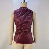 Zingj Women's 2024 Leather Collar Personality Waist Oblique Sleeveless Top Women's