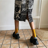 Knitted Skirt Women Winter Newspaper Print Wrap Sweater Skirt Elastic High Waist Warm Ladies Skirt Knee Length