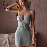 Women Nightgowns Sexy Lace Satin Sleepwear V-neck Nightdress With Chest Pads Homewear Thin Backless Lounge Soft