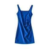 Zingj New Pleated Vest Dress Summer Women's Solid Color Square Collar Sleeveless Hip
