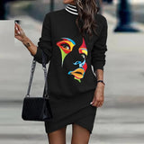 Female Turtleneck Party Dress Women Vintage Pattern Print Mini Dress Winter Fashion Long Sleeve Loose Irregular