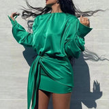 Fashion Green High Waist Women Dress Elegant Long Sleeve Y2K Sheath Bow Sashes Summer Female Holiday Dresses Party