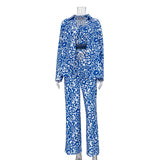 Zingj New Long Sleeve Shirt With High Waist Trousers Suit Print Fashion Women's Wear-Outfit
