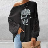 Spring Casual Loose O Neck Glitter Skeleton Long Lantern Sleeve Women Tops Over Size Clothes Ladies Lounge Shirt