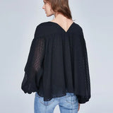 Summer Solid Shirts for Women V-neck Bow Loose Lantern Sleeve Women Blouse Casual Plus Size Office Lady Tops