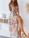 Bohemian Sexy Sweet Princess Dress Summer Deep V-Neck Sling Backless Ladies Party Dress Sleeveless Floral Printing