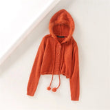 Women Teddy Hairy Drawstring Hooded Sweater Retro Vintage Single-breasted Hooded Knitted Cardigan Tops
