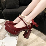 Heel Small Leather Shoes Female Spring New Wedding Shoes Pearl Bow Retro Thick Heel Thick Sole Heighten Mary Jane