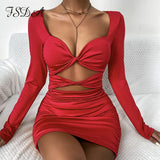 2021 Black Long Sleeve Bodycon Dress Hollow Out Mini Autumn Winter Red Bandage Sexy V Neck Women Party