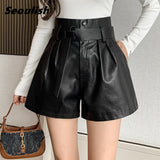 Autumn Winter Women's Faux PU Leather Shorts with Belted New High Waist Lady Elegant Short Trousers Pocket