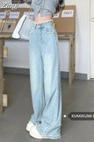 Waist Loose Washed Blue Straight Wide Leg Jeans Women Raw Edge Denim Pants Zipper Y2k Pantalones Street Full
