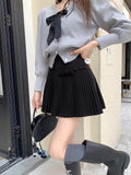 Bow Solid High Waist Pleated A-line Skirt- Outfit
