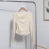 Side Bow Tie Design Folded Long-Sleeved T-Shirt Slim Thin Autumn Dress T-Shirt Short Top