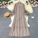 Zingj Sense Of Socialite Temperament Three House Pleated Lantern Long Sleeve Collar Loose A Line Solid Color Dress Elegant