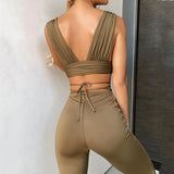 Slim Backless Two Piece Set Women Solid Sleeveless Top Long Pants Ladies Winter Slim Hollow Out Women Streetwear