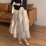 Mesh Skirt For Women 2022 Summer Patchwork High Waisted Tulle Asymmetrical Skirt Black White Brown High