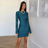 Long Sleeve Pleated Textured Mini Dress- Outfit
