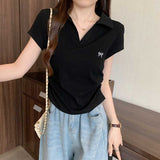 Embroidered Bow Polo Collar Short Sleeve TeeOutfit