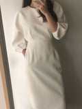 Spring New Elegant Office Ladies Bodycon Dress Fashion Sexy Solid Color Midi Women Slim Party White OL