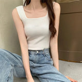 Sexy Square Neck Tank Tops Women Summer 2021 Clothing White Basic Shirt Ribber Knit Casual Slim Tops