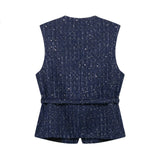 And Beads Coarse Spinning Vest 2025 Spring Temperament Metal Buttonless Sleeveless Round Collar Body Jacket