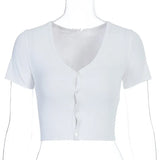 Sexy Women Button Knitted Short Sleeve Korean Style Ribbed Summer Crop Top clothes tshirt shirt vintage t-shirt