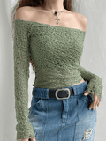 Off Shoulder Mesh Long Sleeve Blouse- Outfit