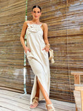 3d Flower Cotton Linen Sling Maxi Dresses Women Backless Sleeveless Slim Long Robes 2024 Chic Lady Vacation Party