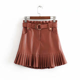Women Chic PU Leather Pleated Skirt Ruffles Tie Belt Waist Pocket Skirt Zipper Fly Ladies Elegnt Mini Skirts Jupe