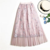 Embroidered Mesh Skirt Emale Spring Long Fairy Skirt Elastic Wasit A Line Flower Women Pleated Skirt Party