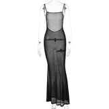 2022 Slash Neck Backless Long Maxi Party Dresses Woman Summer Sexy Mesh See Through Bodycon Prom Evening Slip
