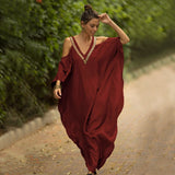 Sexy Cold Shoulder V Neck Bats Sleeve Loose Summer Beach Dress Plus Size Women Beachwear Kaftan Black Dress