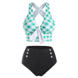 Checkered Criss Cross Tied Button Embellished Tankini Swimwear Padded Bikinis Set Wire Free Plunging Neck For