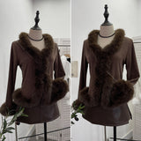 Real Shooting Babes V Collar Hair Spliced Knitted Cardigan Women Autumn And Winter Decoration Slim Coat Temperament Coat