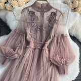 Zingj Korean Version Of The Lantern Sleeve Waist Show Thin Net Gauze Nail Bead Dress Three-Dimensional Flower Fairy