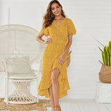 Beach Maxi Dress Women Floral Print Boho Long Chiffon Dress Ruffles Wrap Casual V-Neck Split Sexy Party Dress