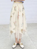 Skirt Women Vintage Embroidery Elastic High Waist A-Line Mesh Pleated Skirt Female Midi