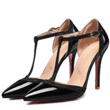 SGESVIER Women Shoes Thin High Heels Pumps Nude Red Shoes Sexy Pointed Toe T-strap Wedding Party Dress Shoes Size 31-47