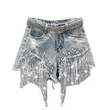 Spring Summer New Elegant Shorts Lady Tassel Beading High Waist Wide Leg Denim Shorts Female Casual Solid