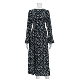 Zingj 2023 New Fashion Temperament Horn Sleeve Floral Dress Round Collar Waist Design Sense Long Skirt-Outfit
