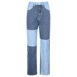 Patchwork Casual Blue Straight Long Jeans Pants Women Skinny Slim Elegant High Waist Denim Trousers Ladies