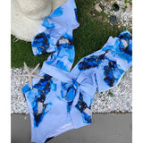 New Sexy V-Neck Lace One Piece Swimsuit Ruffle Swimwear Women Bandage Bathing Suit Beachwear Print Monokini