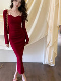 Vintage Chain Square Neck Long Sleeves Midi Dresses for Women 2023 Autumn New Sexy Bodycon Evening Party Female