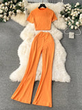 2024 Y2k Women Sets Short Skinny Crop Tops+Long Flare Pants Simple Style Fashion Streetwear Casual Two Pieces
