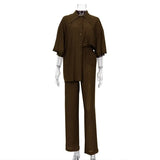 Women's Shirt Pleated Two Piece Set Loose High Waist Wide Leg Pants Suit 2022 Casual Elegant Office Ladies Female