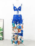 New Women Two-piece Skirt Suit Straps Tube Top Skirt Sweet Printed Bra Naked Waist Chic Beach Dance