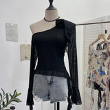 Tie Dyed Elastic Mesh Oblique Shoulder Irregular Horn Long-Sleeved T-Shirt Flower Short Floated Female