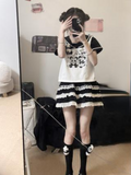 Aesthetic Preppy Short Sleeve T-shirts Contrast Color Salior Collar Sweet Kawaii Tops 2024 Women Fashion All Match Bow