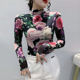 Winter High Neck Fashion Printed Thick Mesh Long Sleeve T-shirt Women Slim Trendy T Shirts Fashion Floral Top For